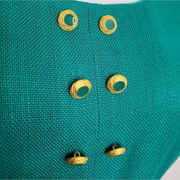 VINTAGE 80s dress teal short sleeve woven  secretary with gold buttons S‎ - Picture 3 of 11